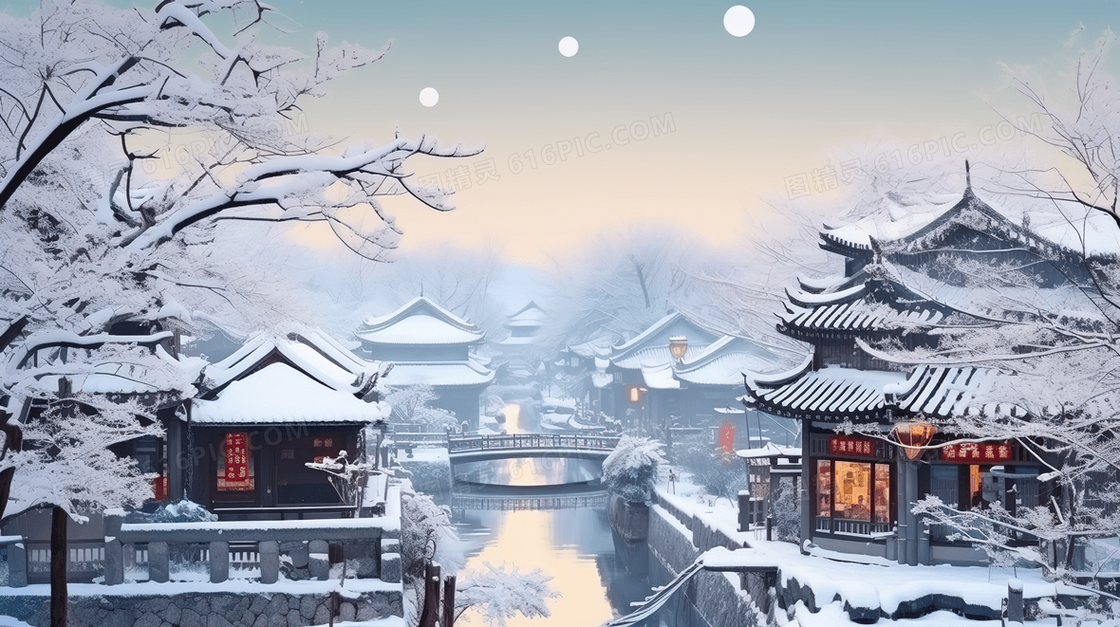 冬天雪中古镇插画