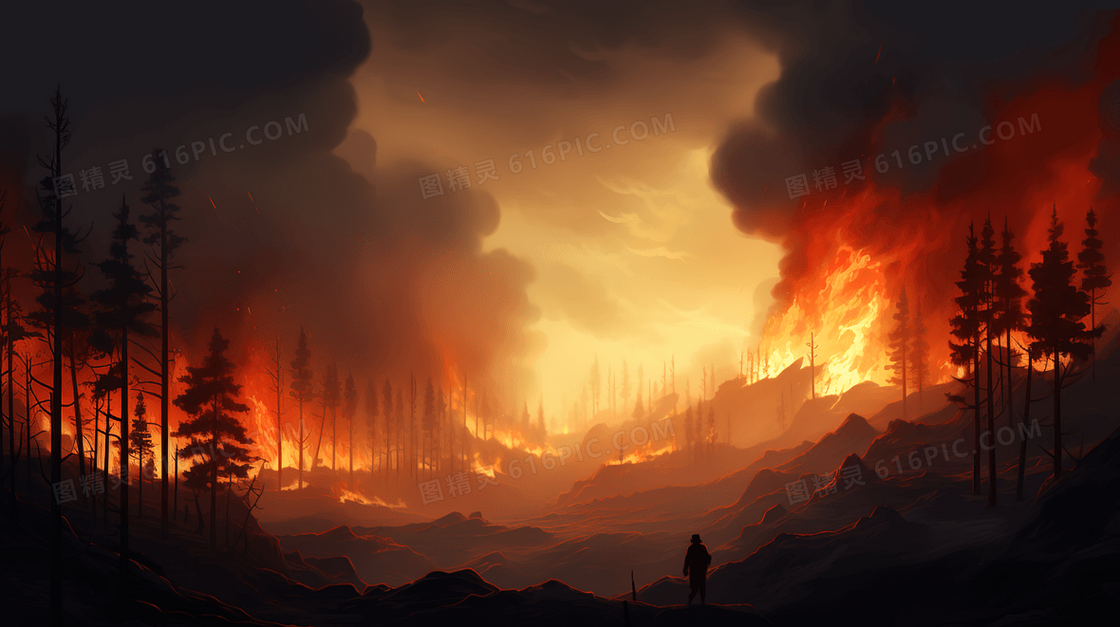 实施灭火救援的大型森林火灾现场插画