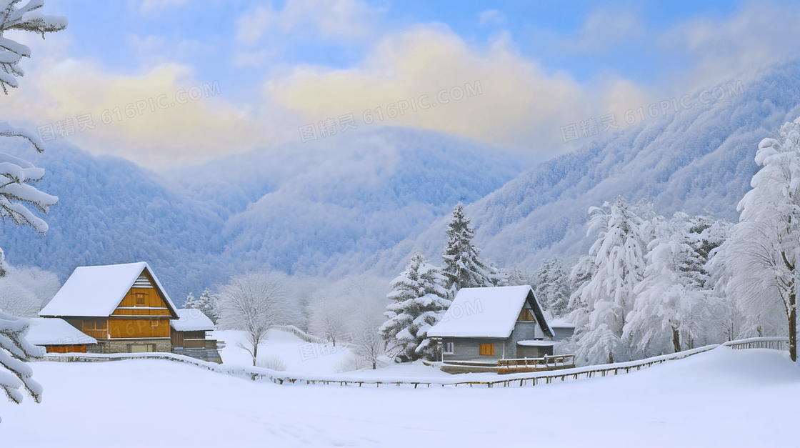 冬季大雪山林中小木屋插画