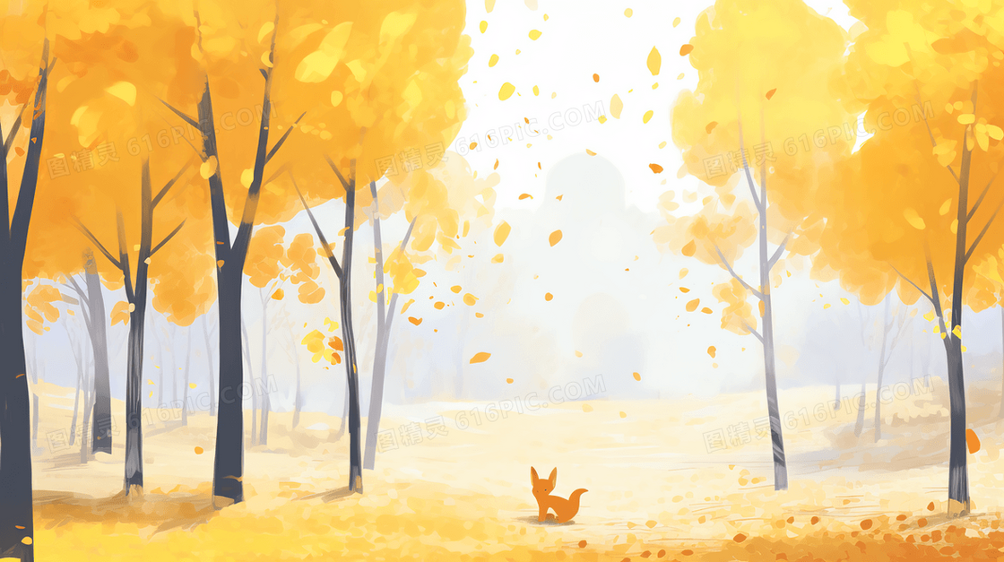 秋天金色树林落叶纷飞风景插画