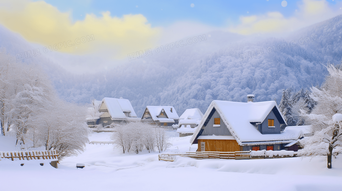 冬季大雪山林中小木屋插画