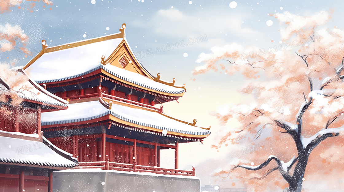 冬季雪中古阁楼雪景插画