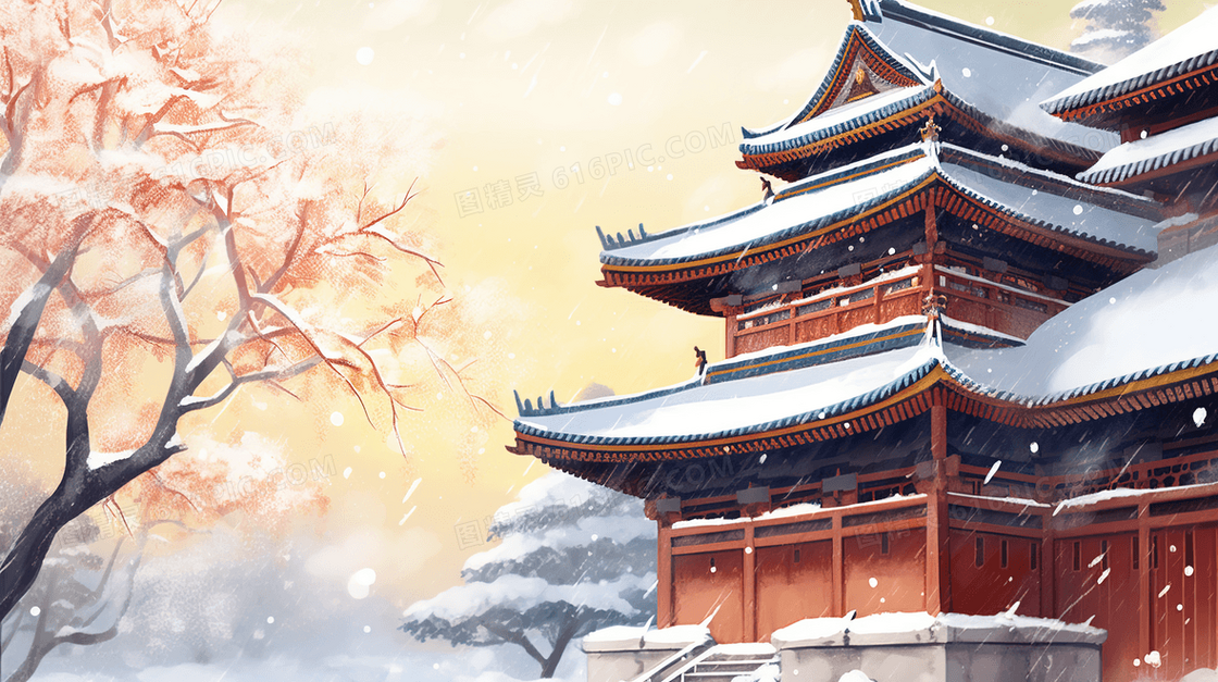 冬季雪中古阁楼雪景插画