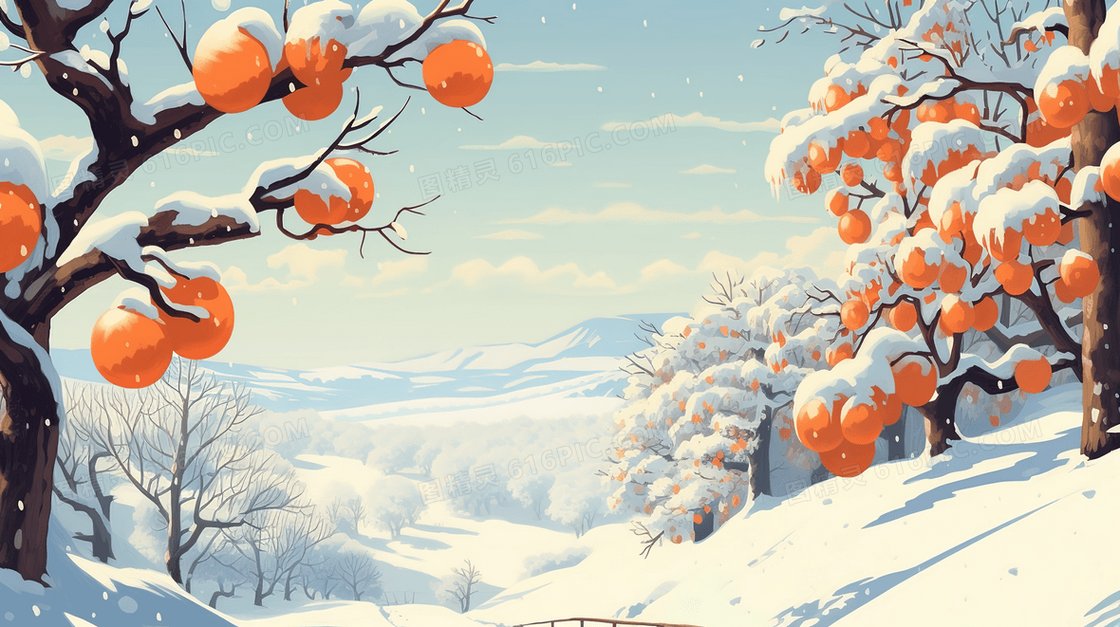 冬季大雪中橘子树林插画