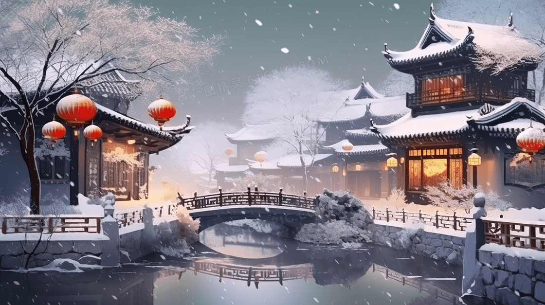 冬天雪中古镇插画