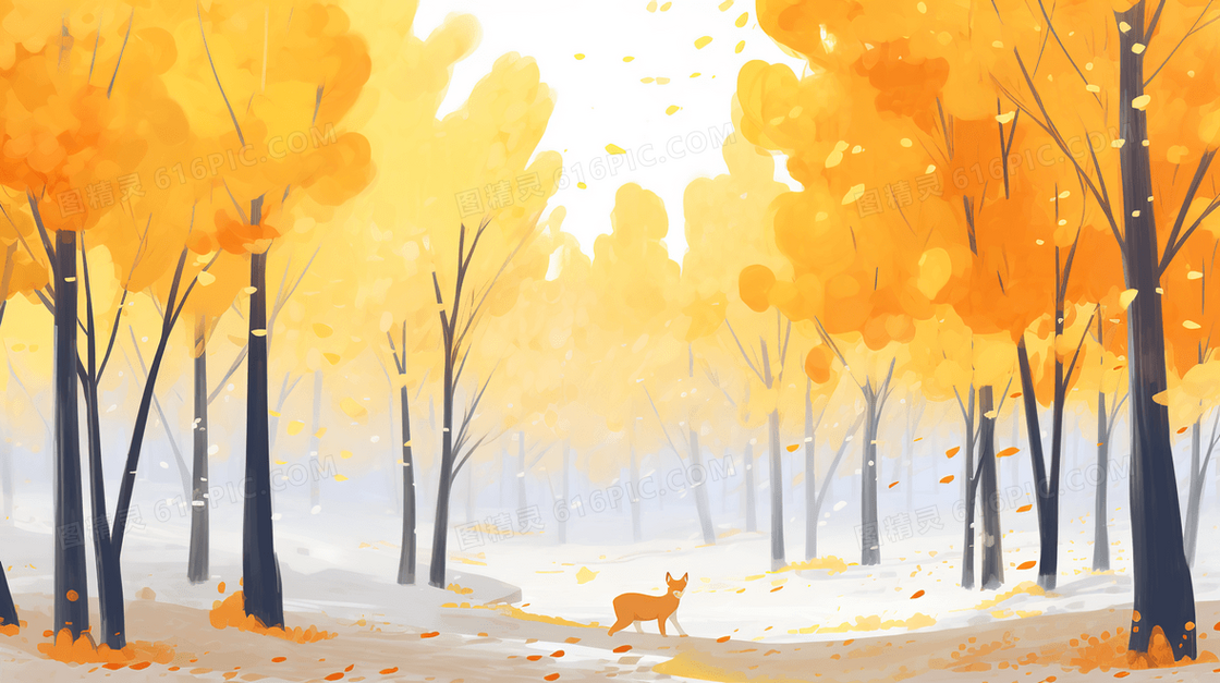 秋天金色树林落叶纷飞风景插画