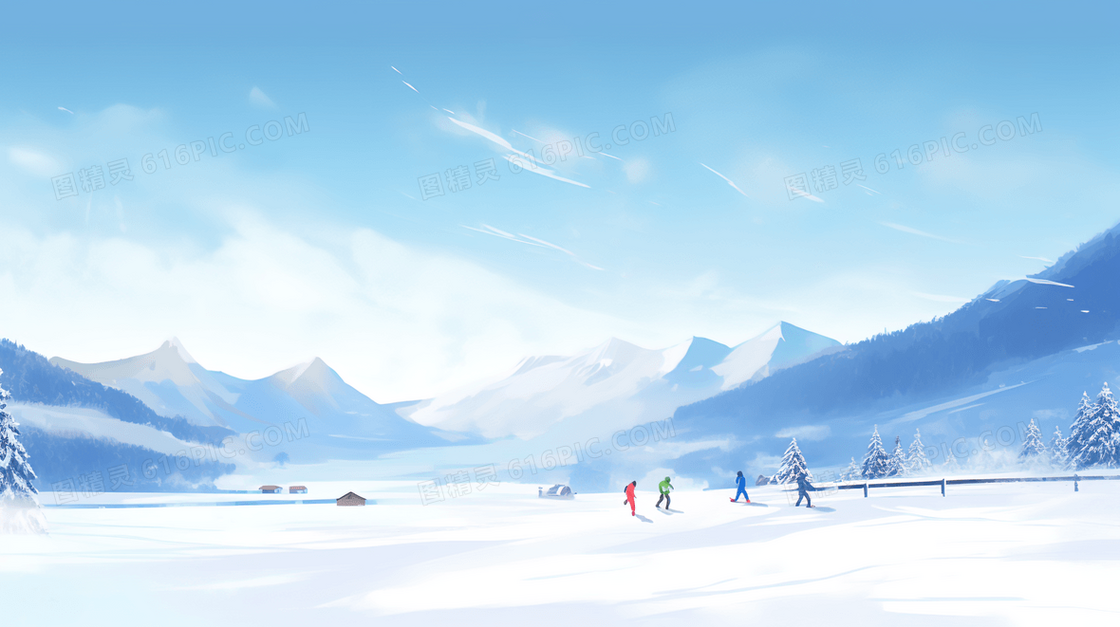 冬季雪原上玩耍的少年插画