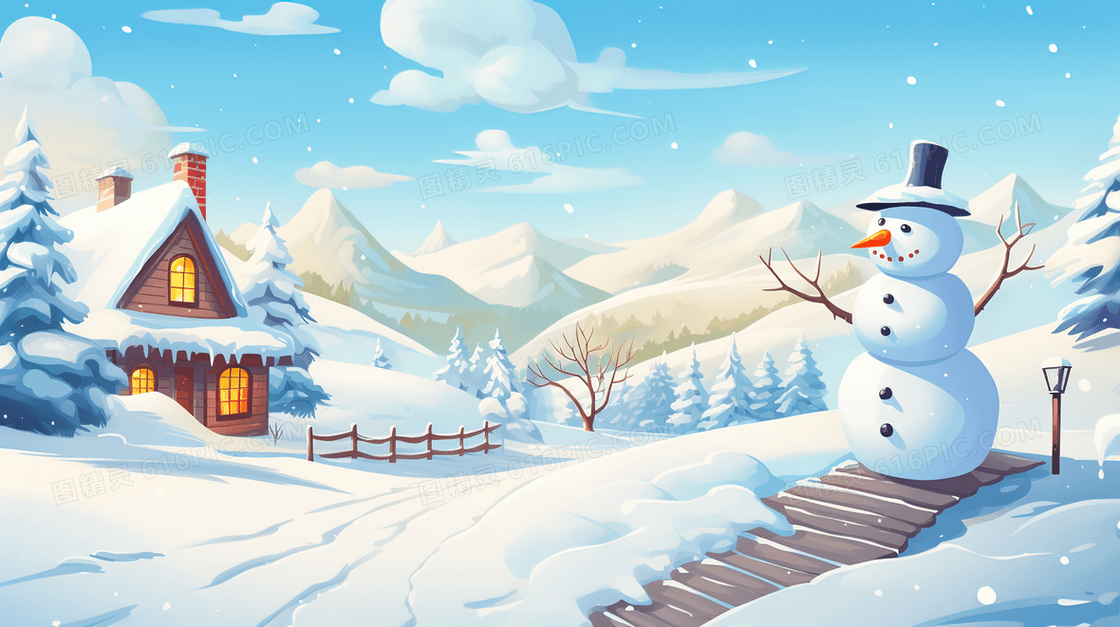 冬季下雪山林木屋雪人插画