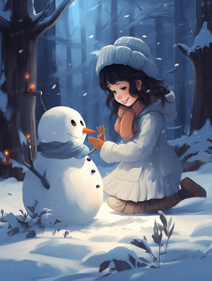 戴手套的小女孩在冬天堆雪人插画