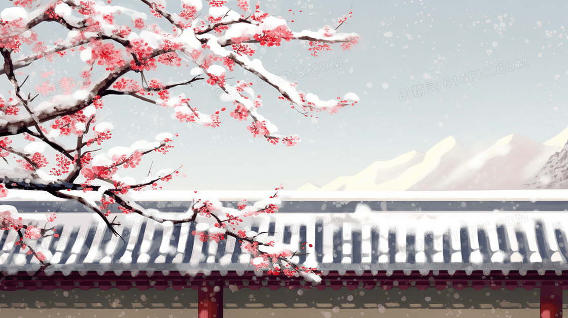 中国风冬天雪中古典建筑院墙边的红梅插画