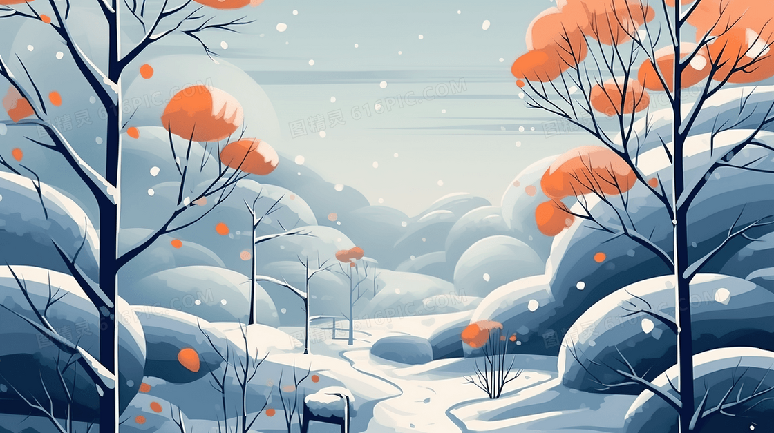 冬季飘雪红叶山林插画