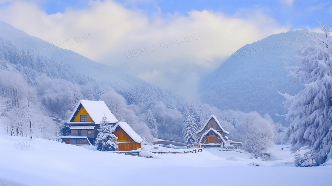 冬季大雪山林中小木屋插画