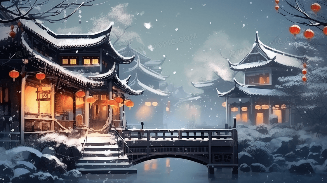 冬天雪中古镇插画