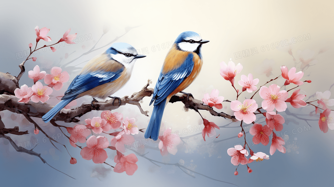 栖息在粉色桃花树枝上的小鸟动物插画
