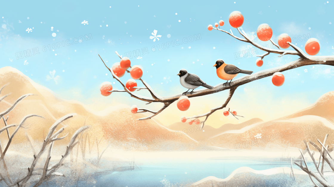 冬季下雪天金色果实树枝上的小鸟插画
