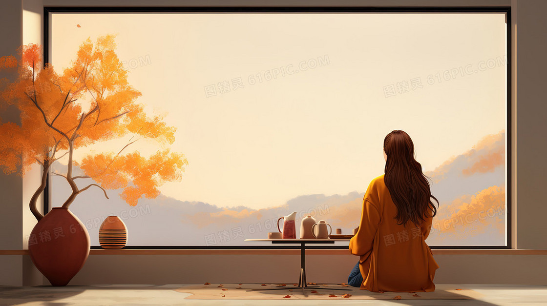 秋天坐在窗边看风景的女孩创意插画
