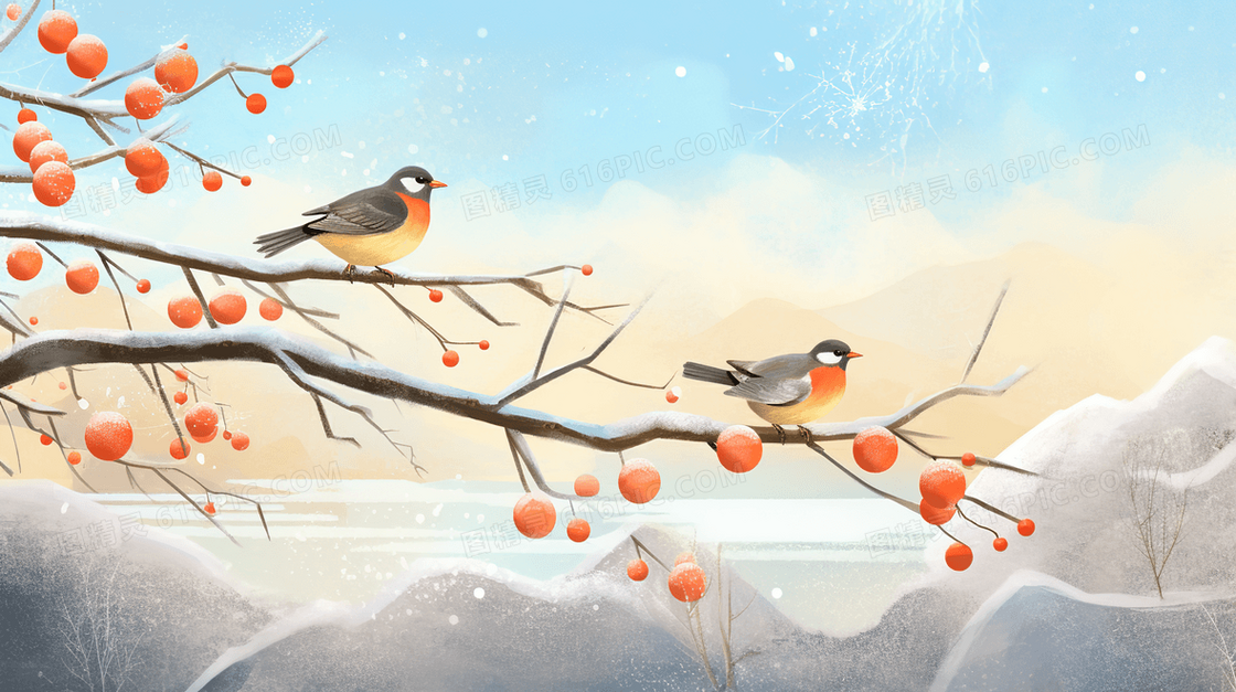 冬季下雪天金色果实树枝上的小鸟插画