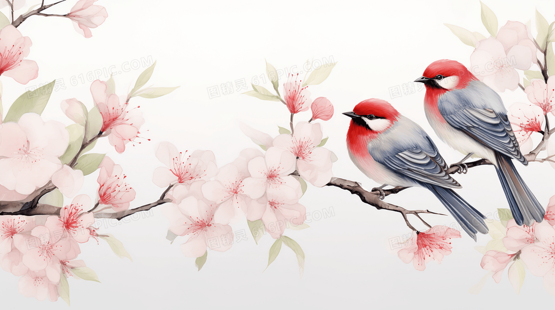 栖息在粉色桃花树枝上的小鸟动物插画