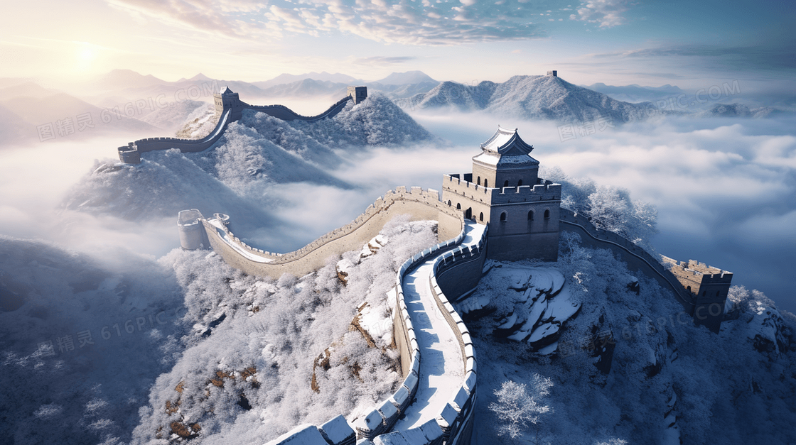 冬天被雪天覆盖的中国长城建筑风景概念插画