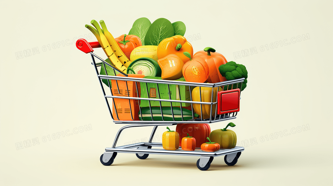 装满蔬菜水果的购物车插画