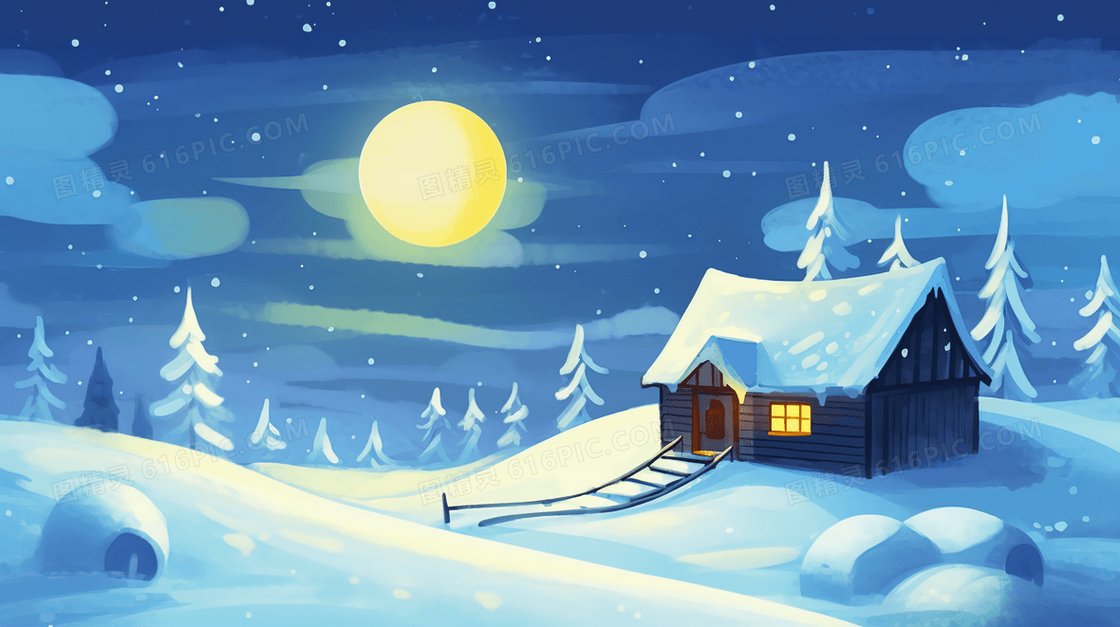 冬天夜晚山坡雪地里亮灯的小屋风景插画