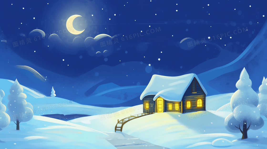 冬天夜晚山坡雪地里亮灯的小屋风景插画