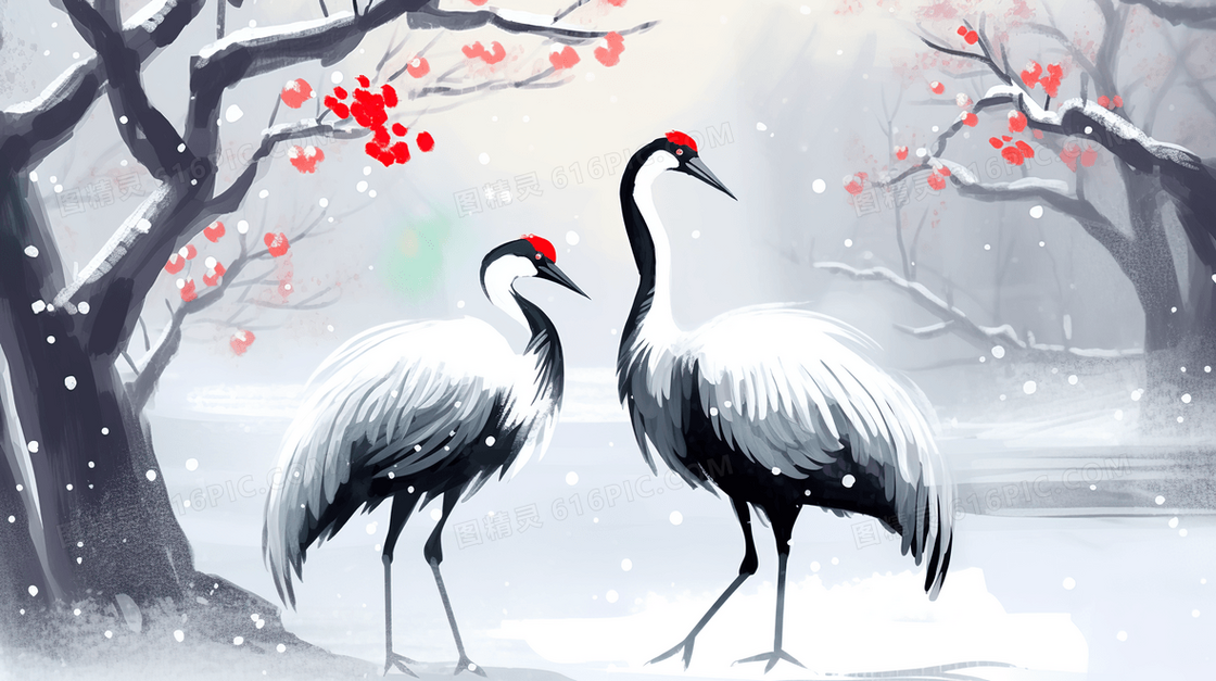 雪中成对白鹭鸟中国风水墨插画