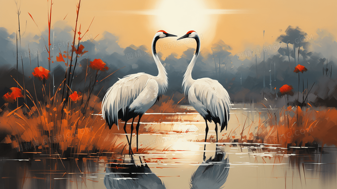 秋天湖中的成对白鹭鸟插画