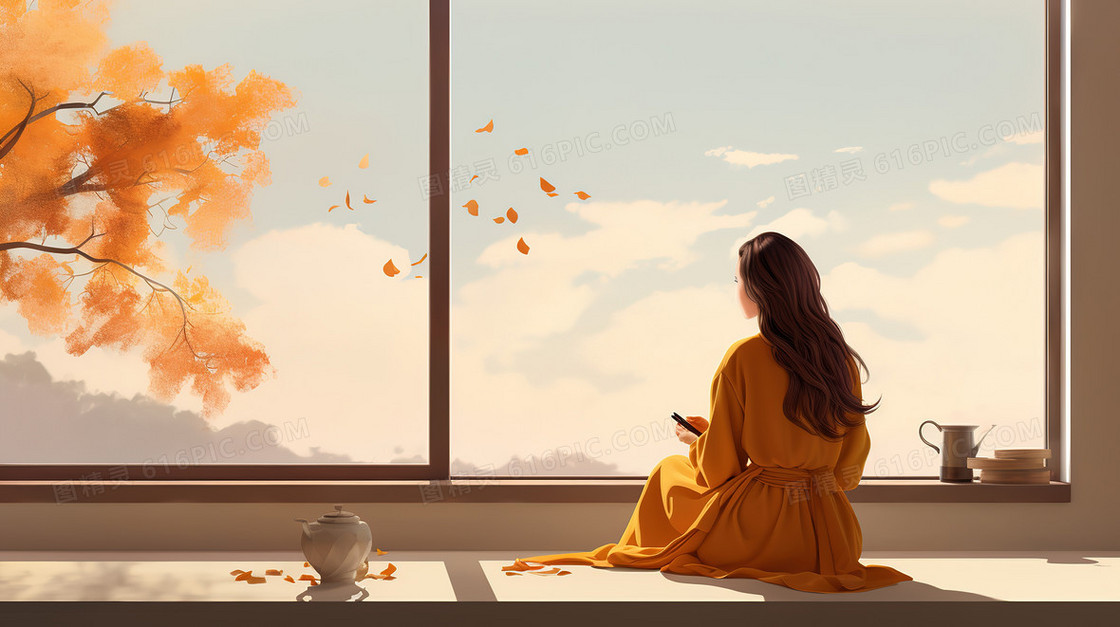 秋天坐在窗边看风景的女孩创意插画