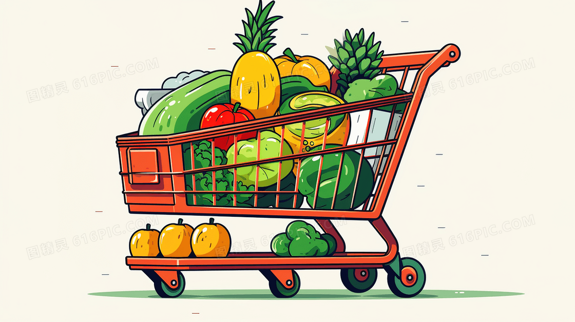装满蔬菜水果的购物车插画