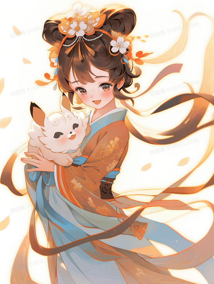 古风少女中秋节抱着兔子嫦娥仙子创意插画