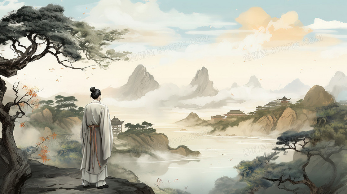 古代登高的孤独诗人插画