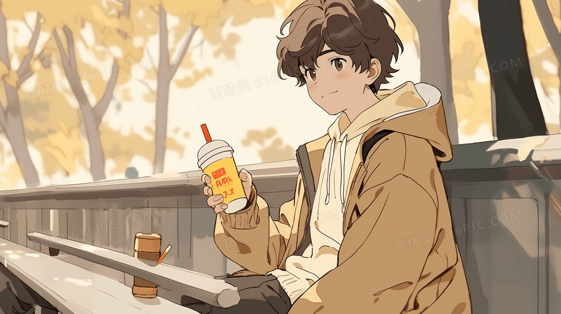 坐在长椅上喝饮料的男孩插画