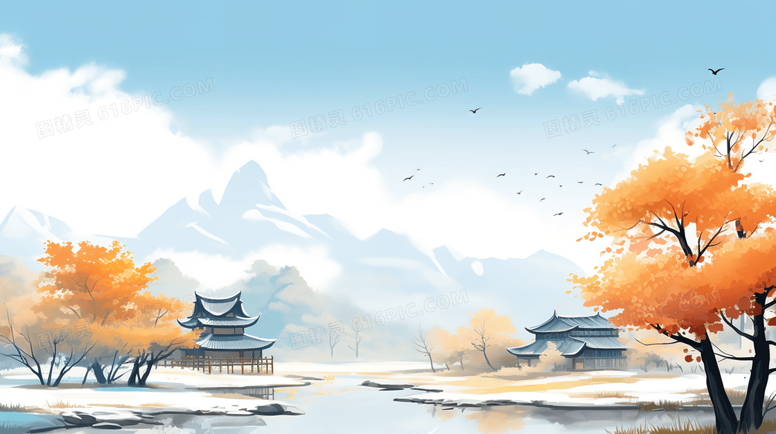 秋天金色树木山水建筑风景插画
