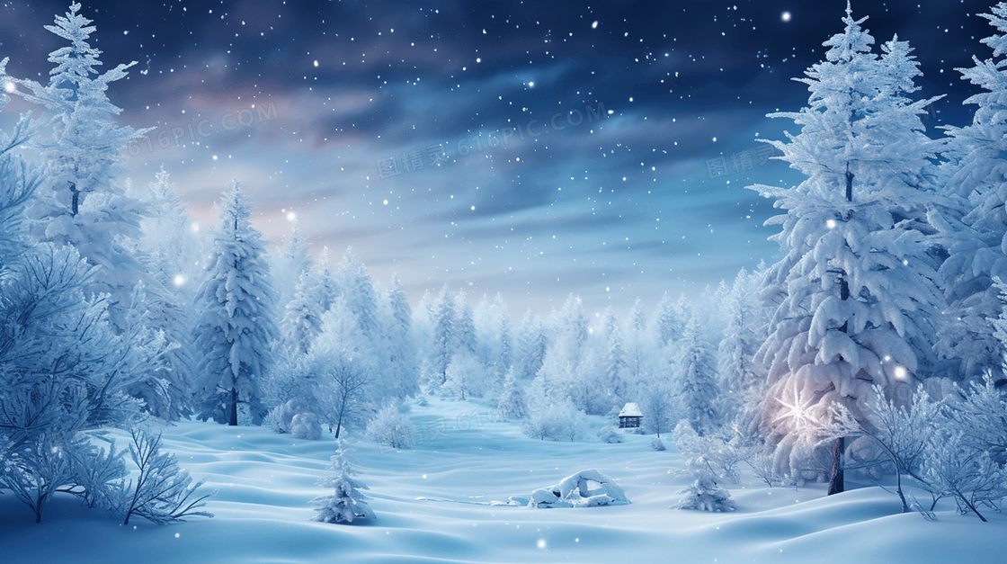 冬天黑夜里星空照耀铺满白雪的森林风景插画