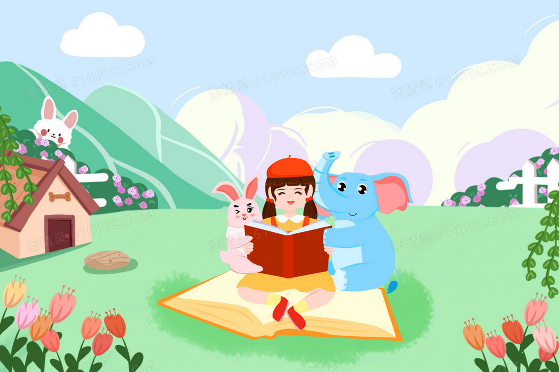 女孩和动物一起看书插画