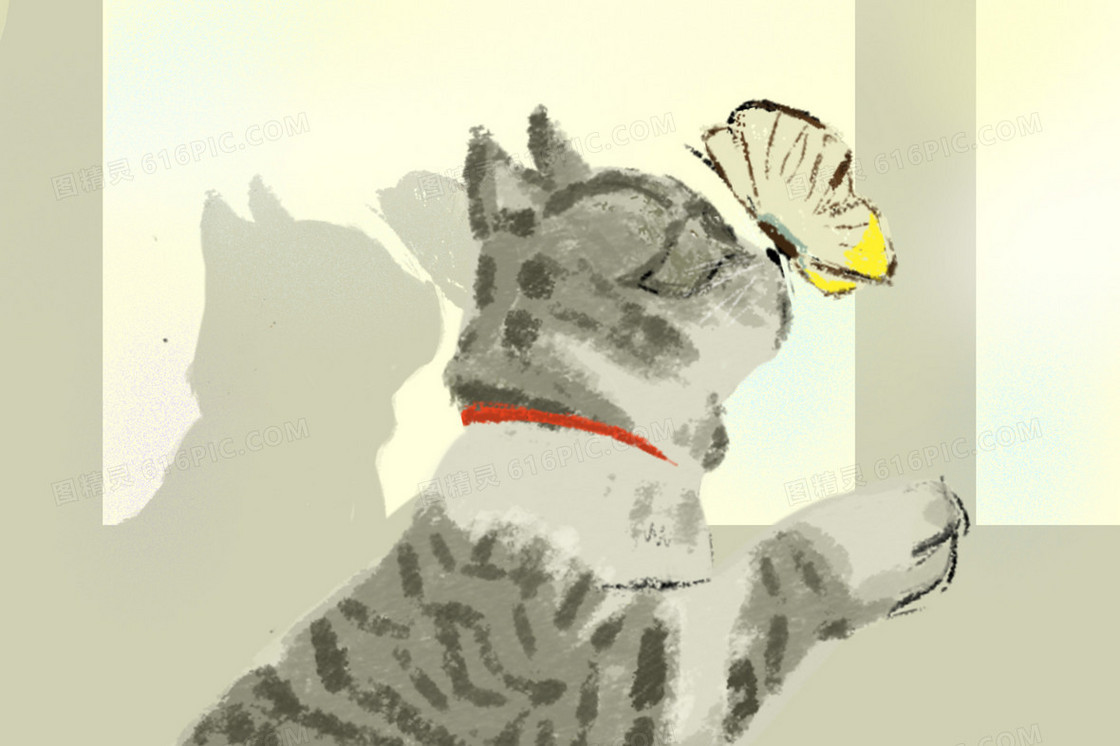猫咪与蝴蝶玩耍光影创意插画
