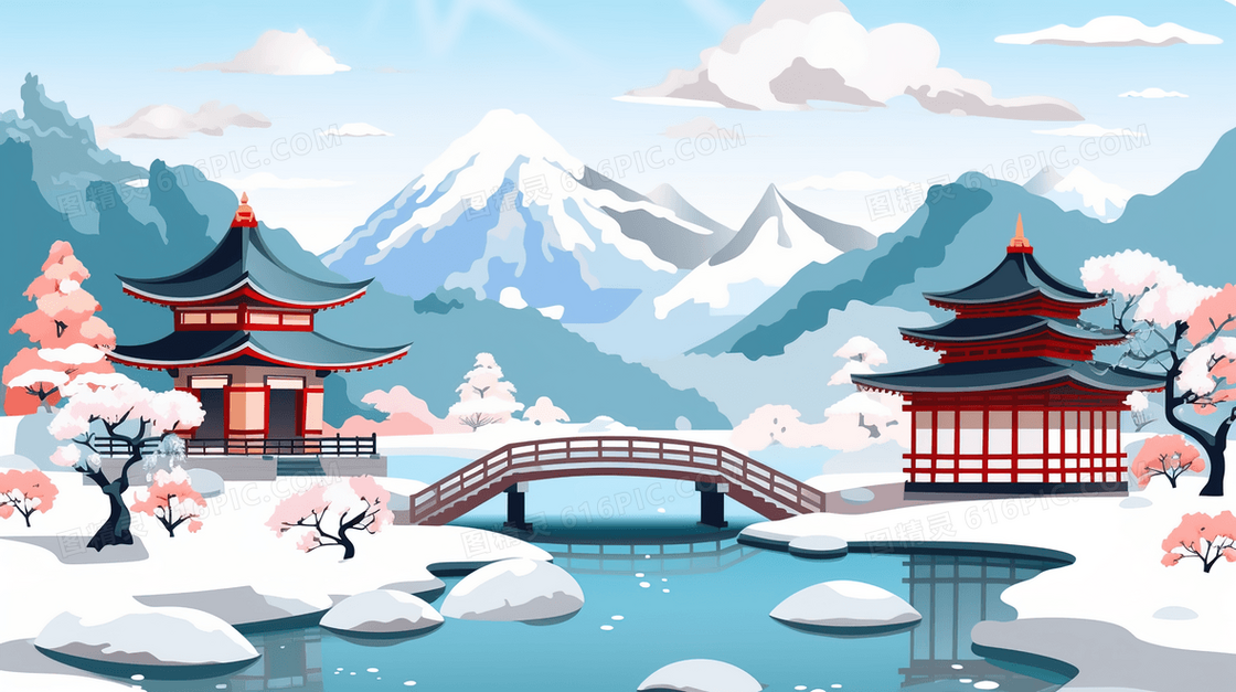 冬季中国风古建筑山水雪景插画