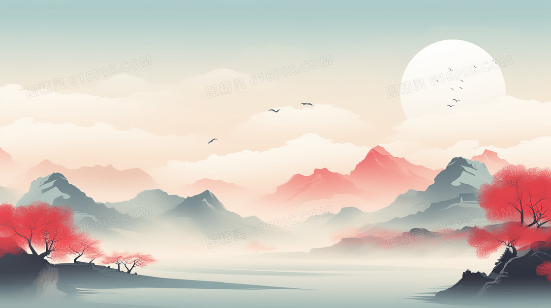 中国山水仙境水墨插画
