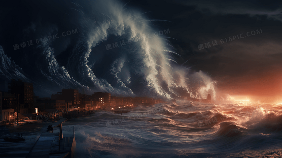 海浪海啸自然灾害插画