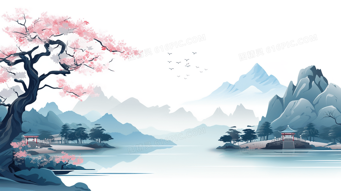 中国山水仙境水墨插画