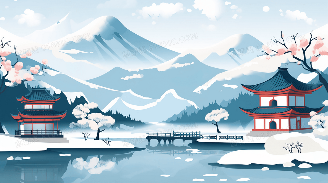 冬季中国风古建筑山水雪景插画
