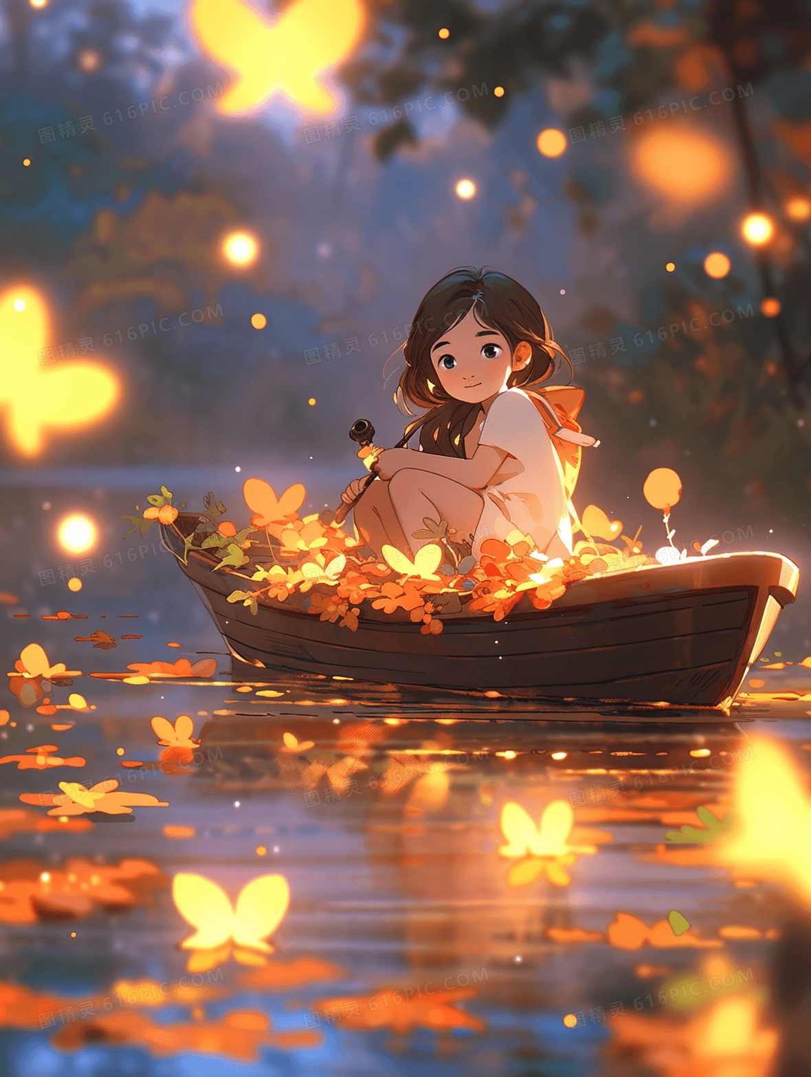 梦幻唯美划小木船的女孩插画