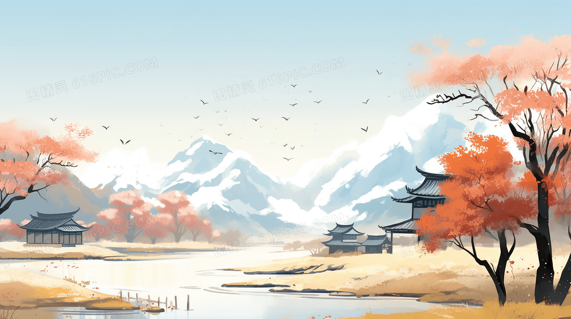 秋天金色树木山水建筑风景插画