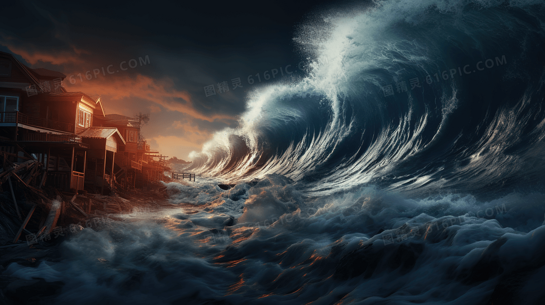 海浪海啸自然灾害插画