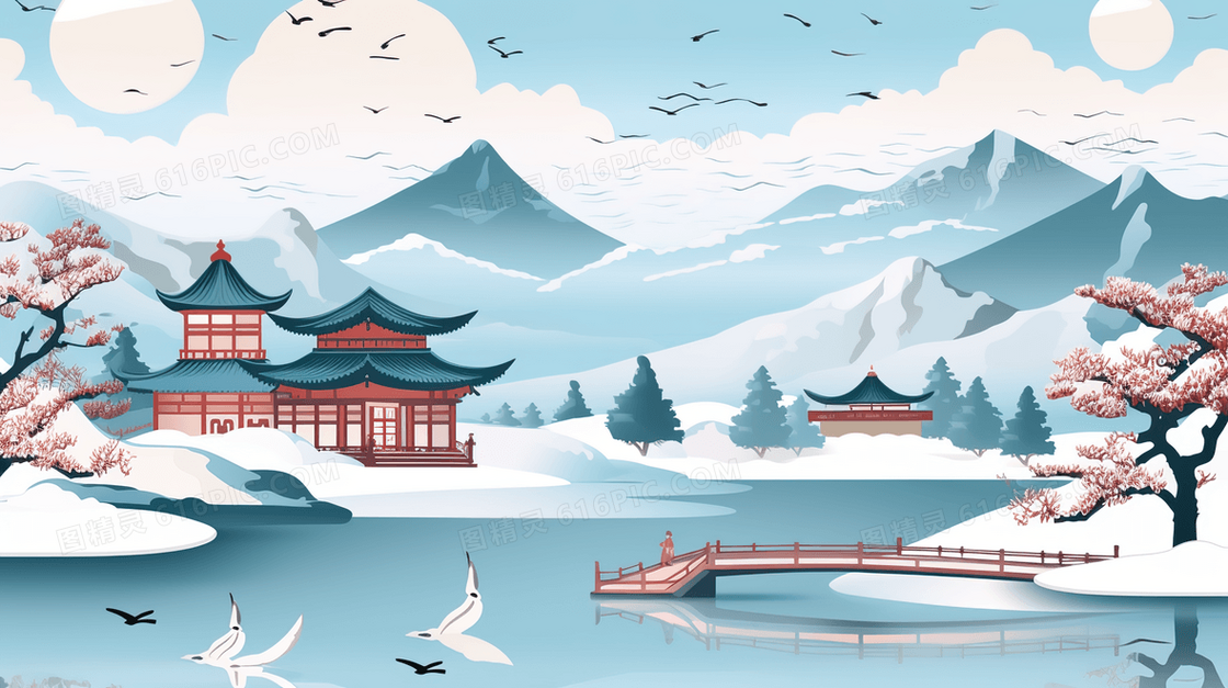 冬季中国风古建筑山水雪景插画