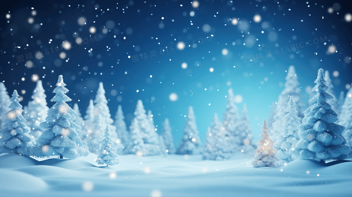 冬天黑夜里星空照耀铺满白雪的森林风景插画