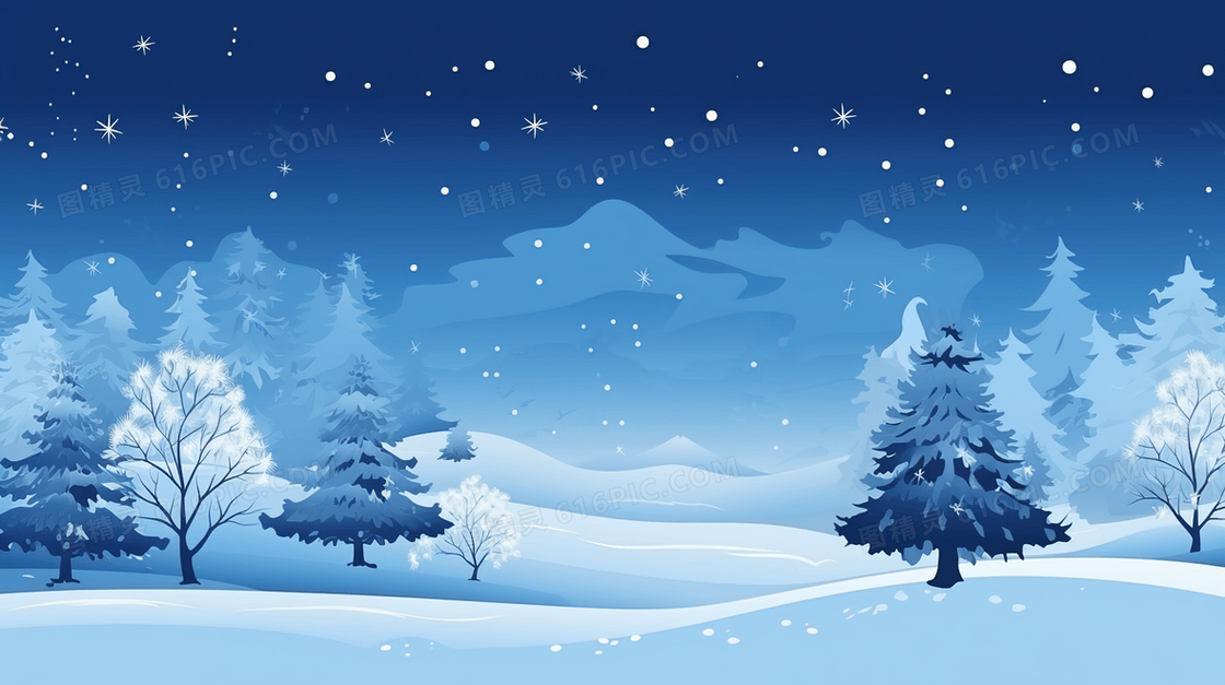 冬季大雪山林雪景扁平化插画