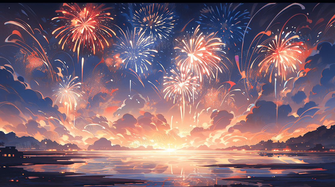 天空中美丽的烟花和水面的倒影创意图片