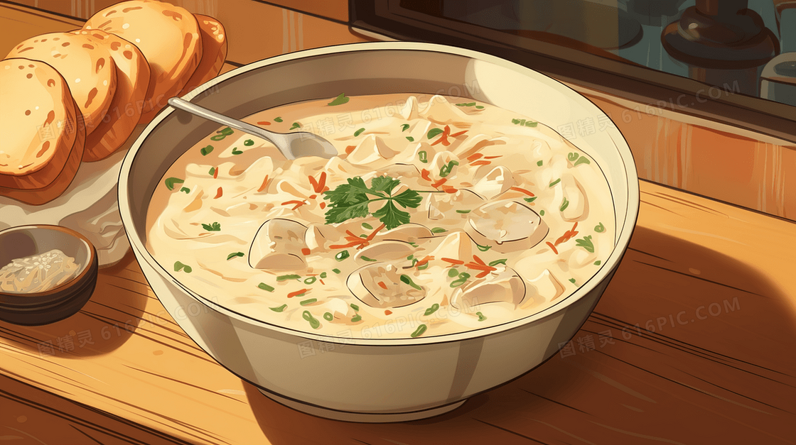 西式奶油蘑菇汤配面包美食插画